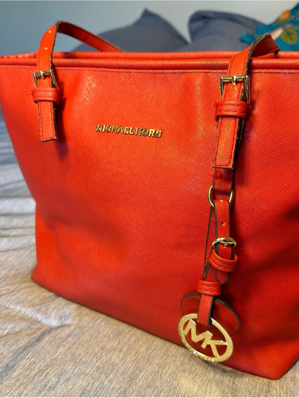 Michael Kors Red Saffiano Leather Tote with MK Charm 11tallx15wide - Picture 13 of 15
